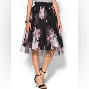 Milly Monica Tulle Overlay Black Pink Floral A-Line Skirt Grosgrain Waistband 6